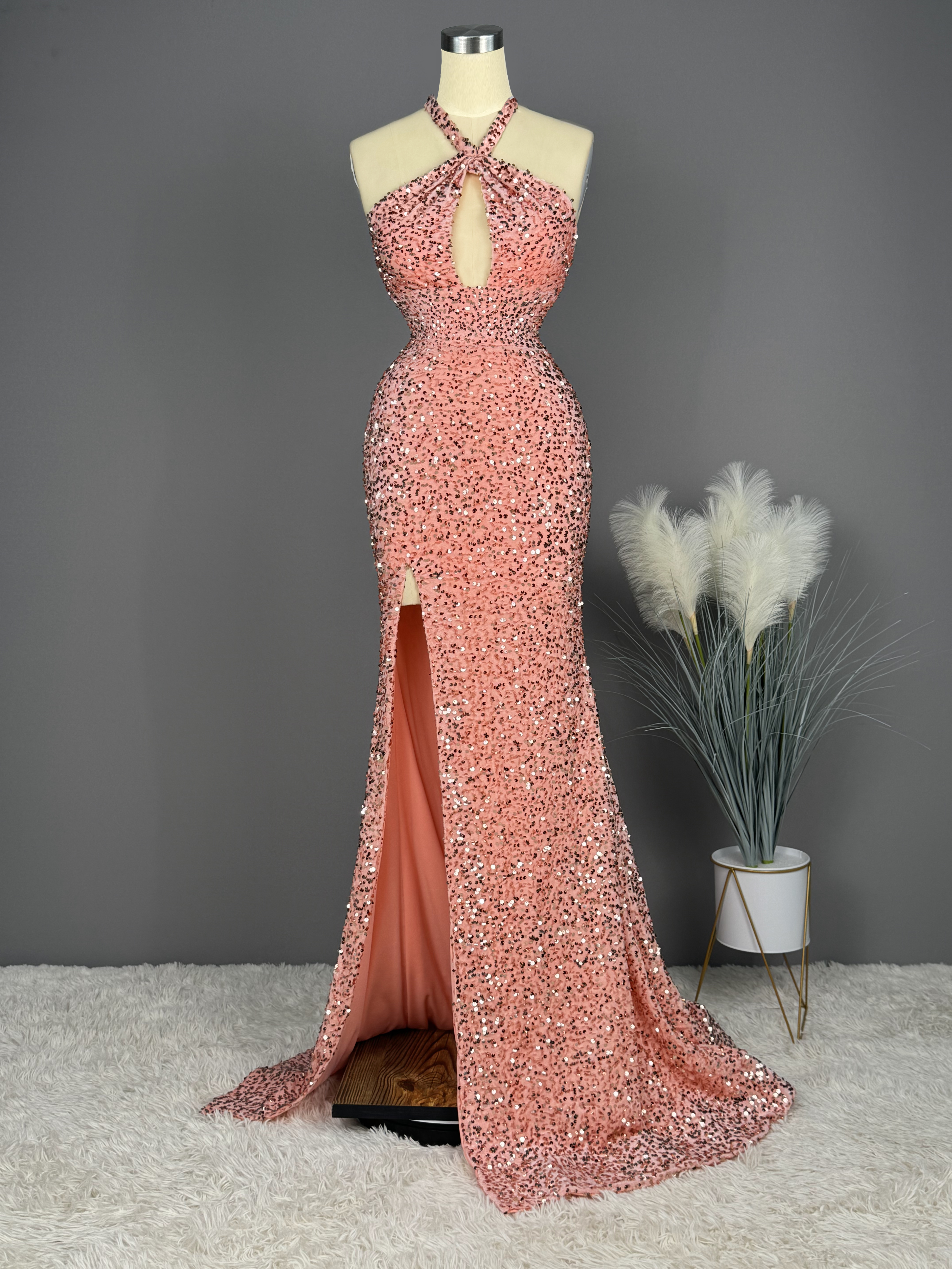 Ovlias Orange Halter Sleeveless Mermaid Prom Dress Split with Sequins JQ0096