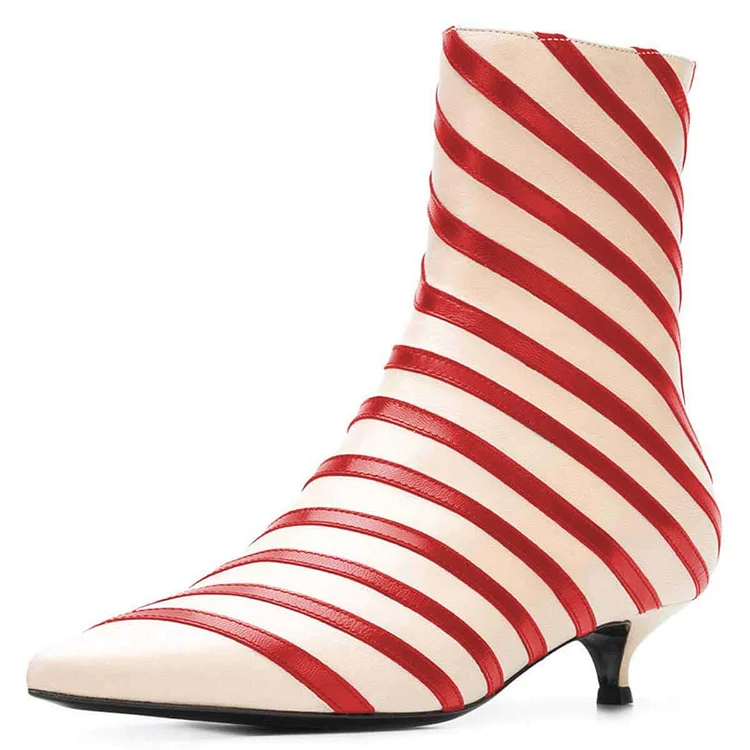 Beige and Red Kitten Heel Boots Stripes Ankle Boots |FSJ Shoes