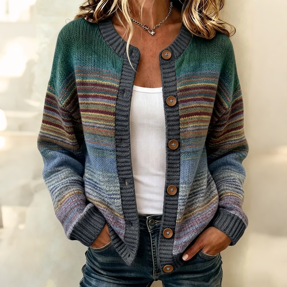 Comstylish Women's Retro Colorful Striped Gradient Art Print Knit Button Cardigan