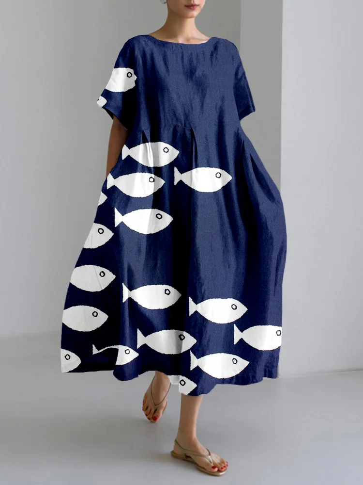 Comstylish Cute Fish Art Linen Blend Cozy Maxi Dress