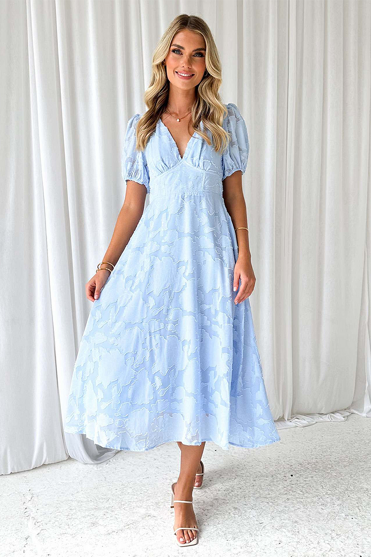 Floral Pattern V Neck Puff Sleeve A-Line Midi Dresses-Blue