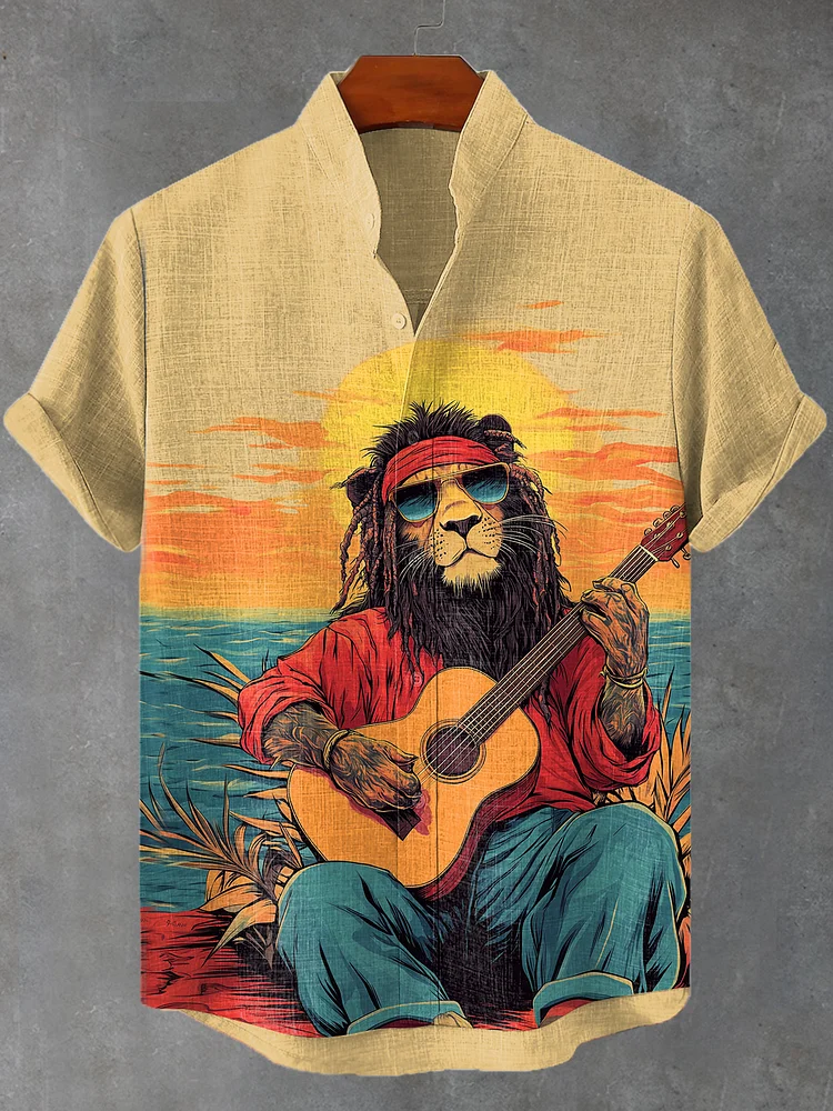 Men's Hippie Reggae Soul Lion Sunrise Guitar Art Print Shirt