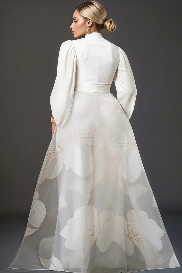 Xpluswear Design Plus Size Mother Of The Bride White Elegant Floral V Neck With Skirt Overlay Pocket Jumpsuits