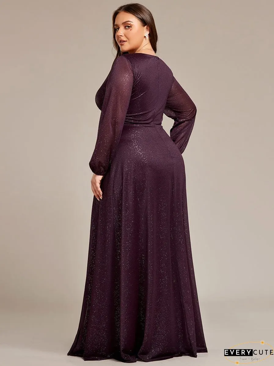 Shiny Puff Sleeve V-Neck Evening Gown for Curvy Women