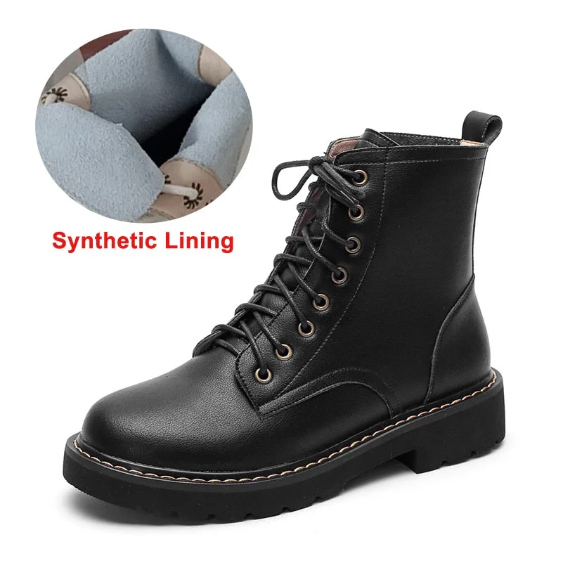 Meotina Natural Real Leather Boots Wool Fur Winter Ankle Boots Low Heel Motorcycle Boots Women Lace Up Genuine Leather Shoes