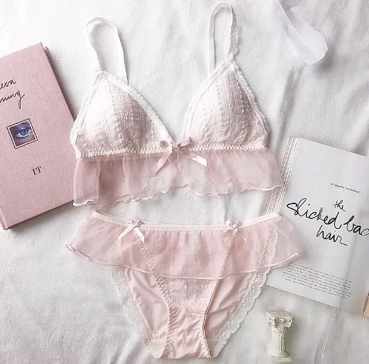 Wriufred Women Ruffles Bra Sets Mesh Embroidered Lace Padded Soft Cup Plus Size Lingerie Set Bralette Wire Free Underwear Sets
