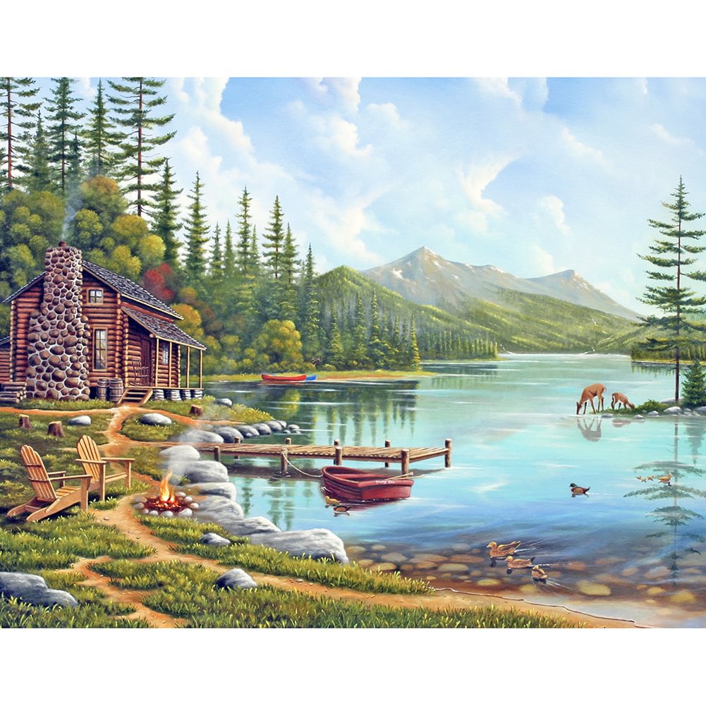 Wood House By Lake - Full Round - Diamond Painting(50*40cm)