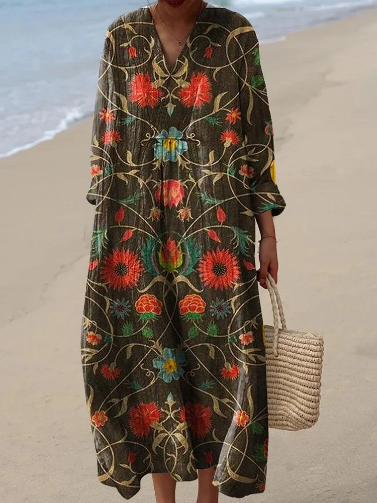 Women's Vintage Lovely Floral Art Print Flowy Dress