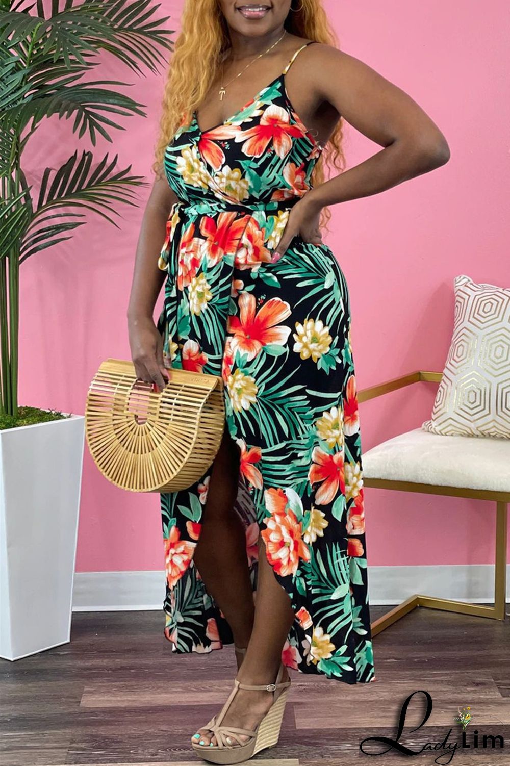 Green Sexy Casual Print Bandage Backless V Neck Sling Dress