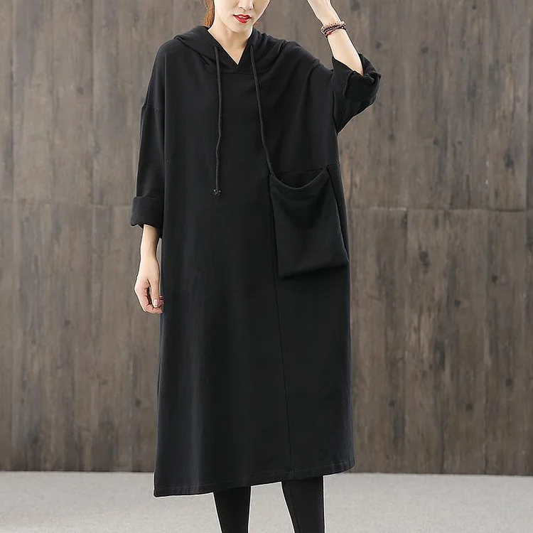 Women hooded pockets fall quilting dresses Wardrobes black loose Dresses
