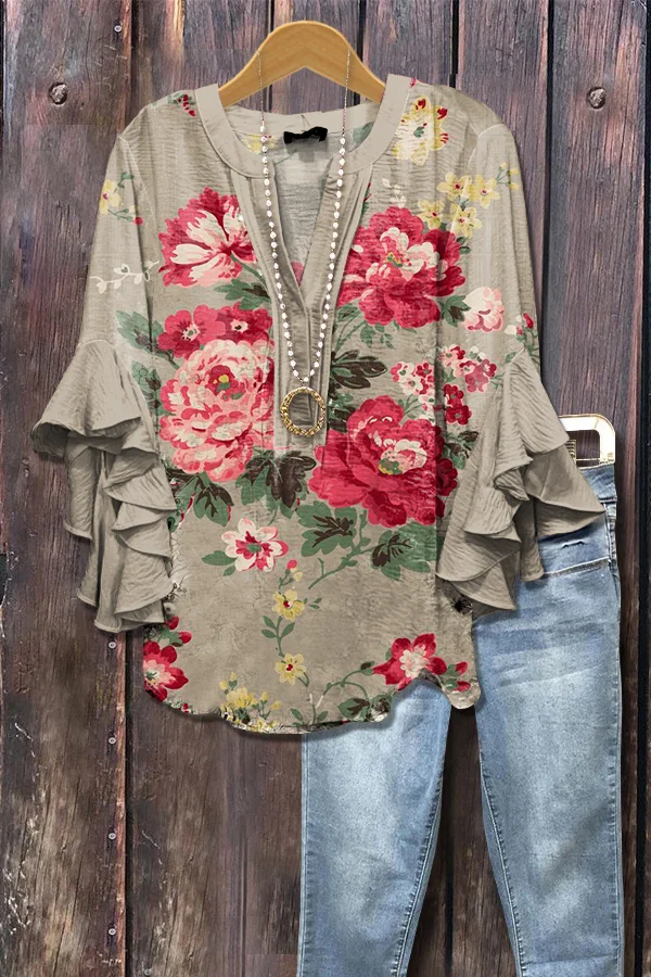 Elegant Floral Print Ruffle Sleeve Top