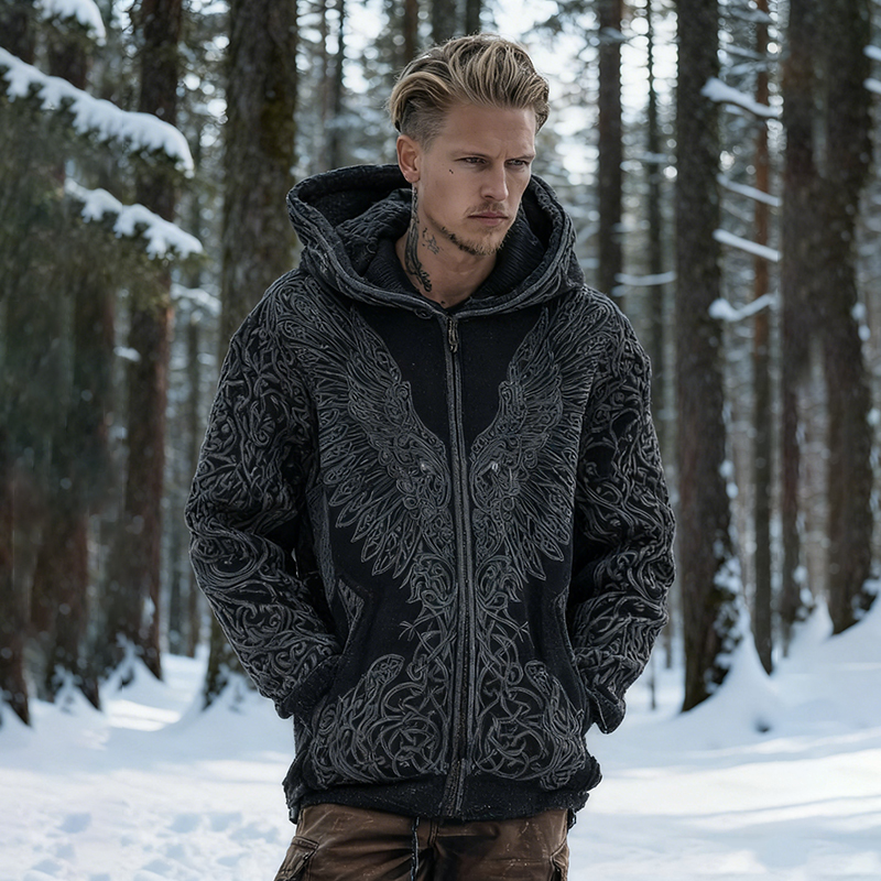 Men's Vintage Viking Inspired Pattern Full Zip Comfy Hoodie elevenforest
