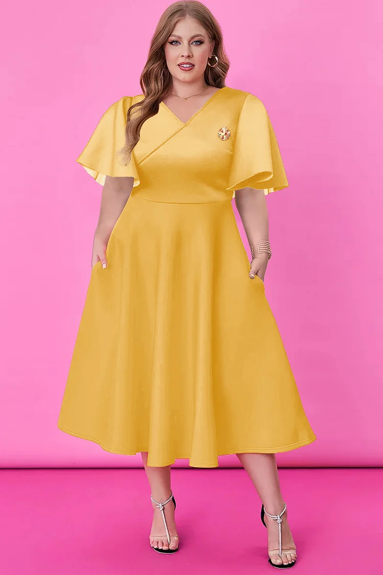 Xpluswear Design Plus Size Yellow Formal V-neck Ruffle Sleeve With Pockets Derby Midi Dresses