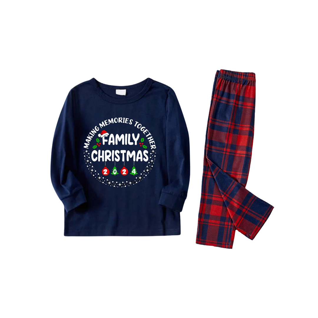 "Making Memories Together Family Christmas 2024" Text Prints Blue Long Sleeves Top with Red and Blue Plaid Pants Christmas Matching Pajamas