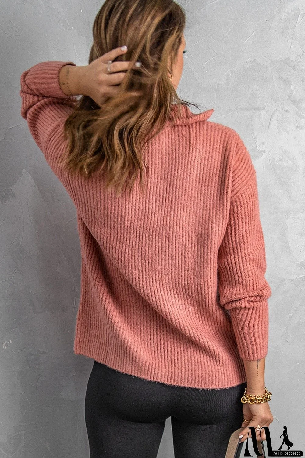 MidiSono - Pink Zip Neck Knitted Sweater