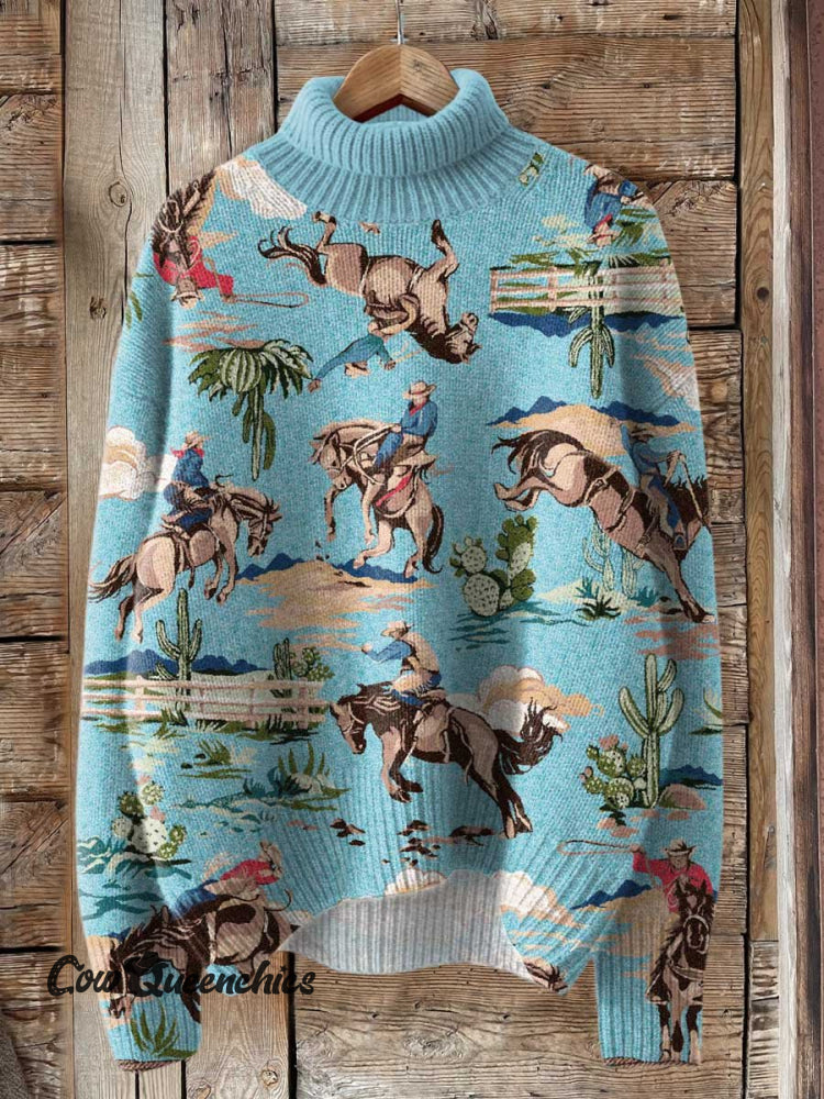 Blue Western Print Knit Turtleneck Pullover Sweater Multicolor / S