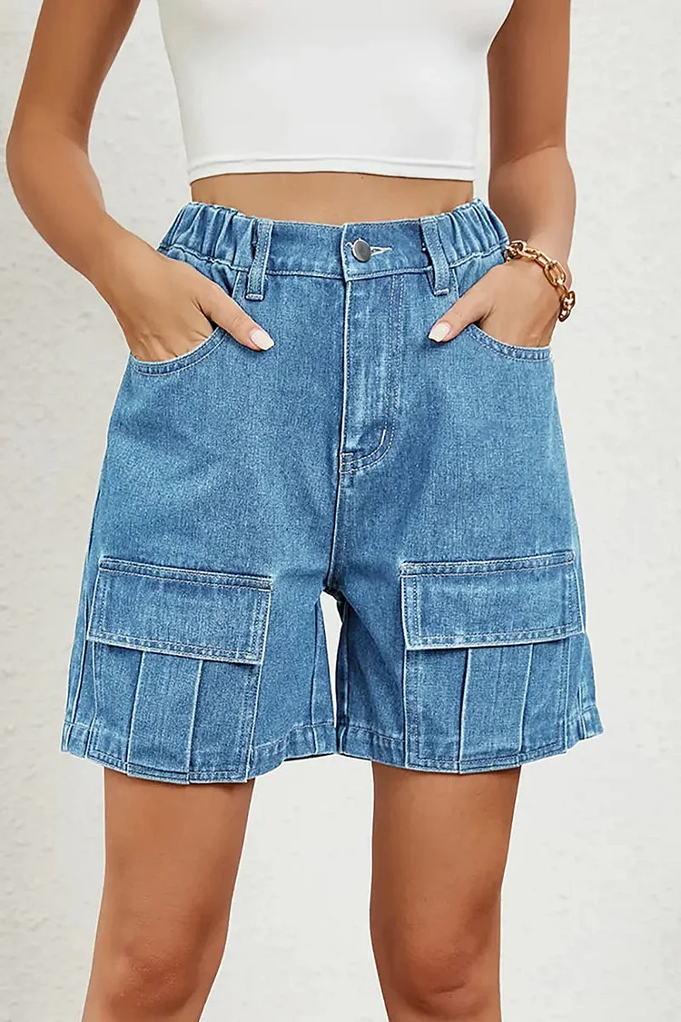 Washed Elastic Utility Denim Shorts