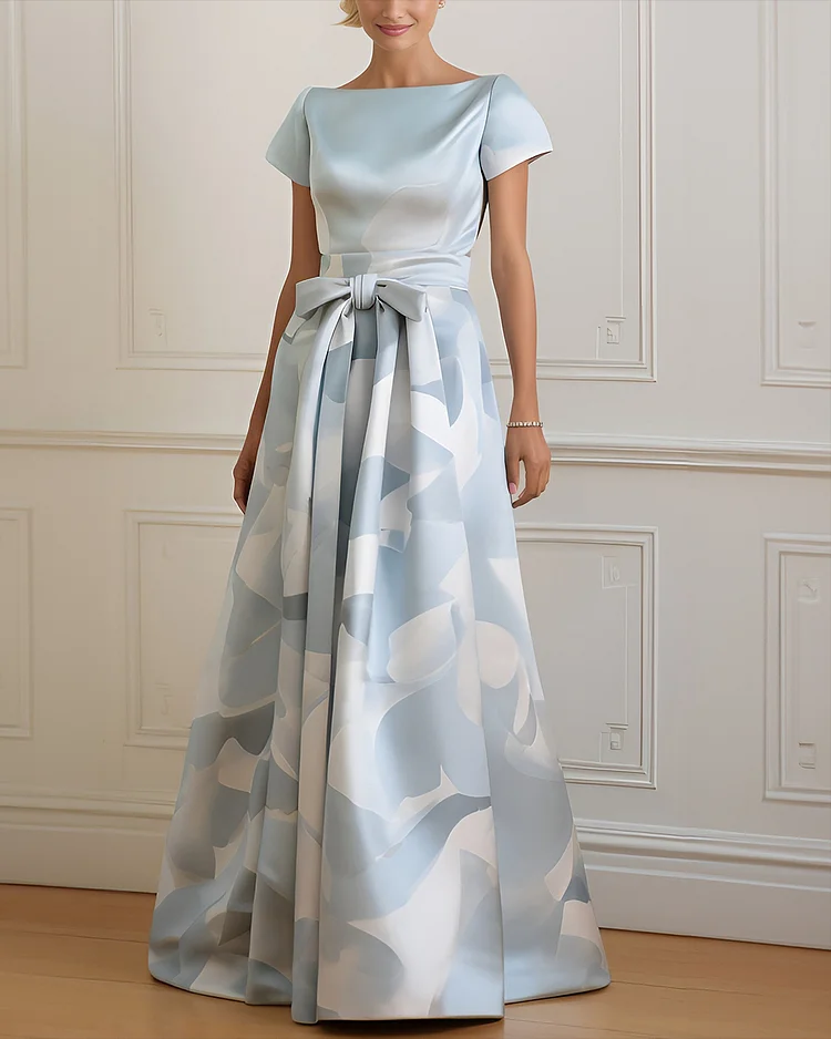 Women's Round Neck Short Sleeve Bow Dress