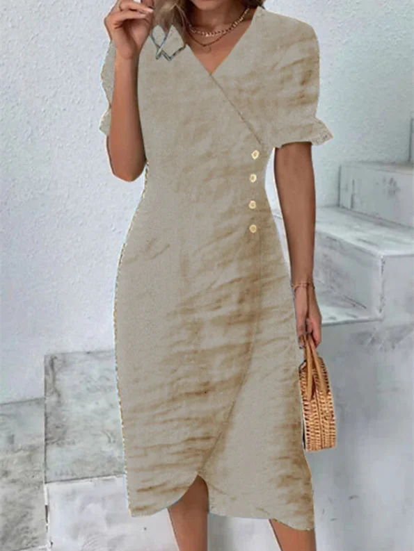 Women Half Sleeve V-neck Solid Color Dress