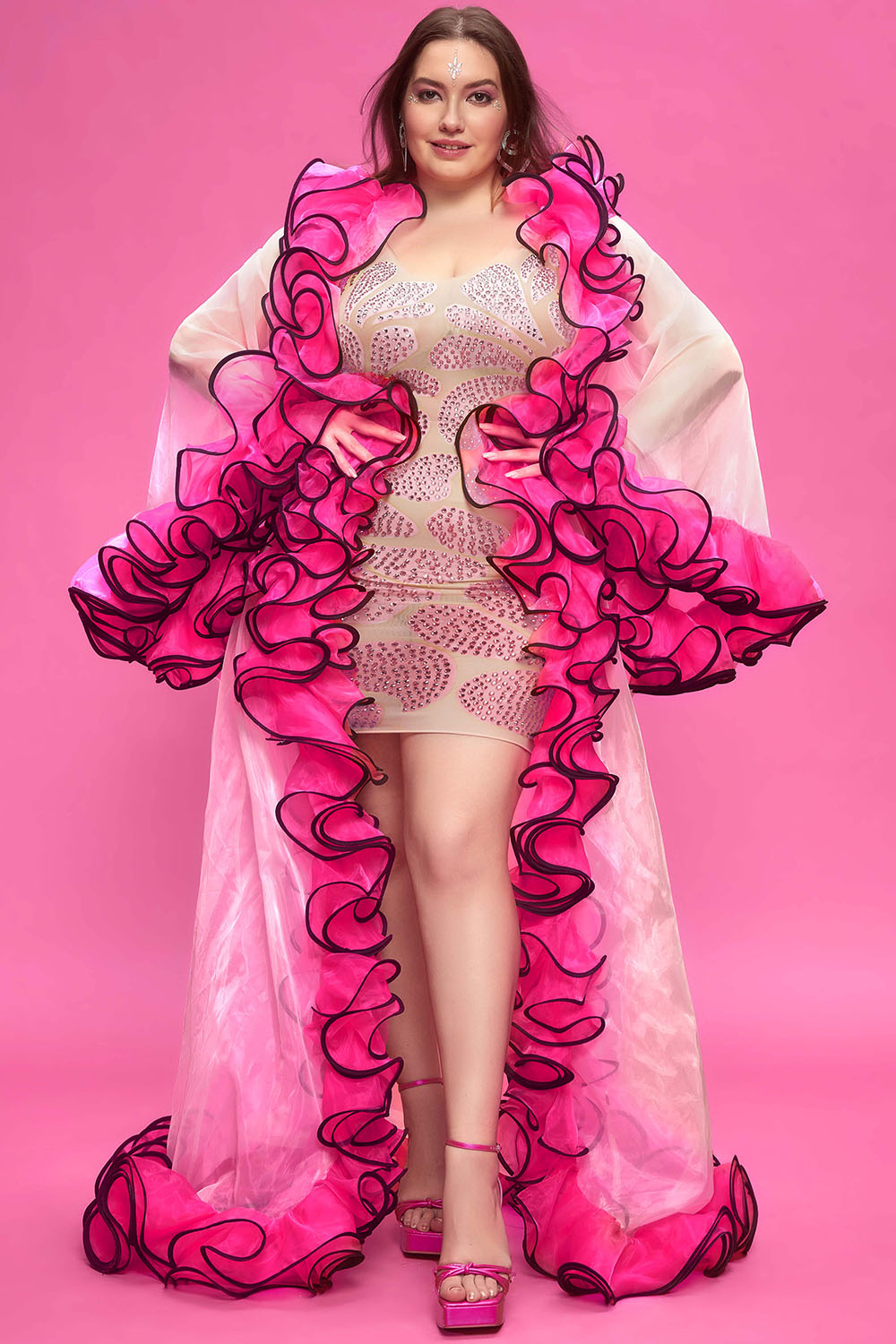 Design Plus Size Party Pink Spring Summer Flare Long Sleeve Flounce Organza Cardigans [Pre-Order]