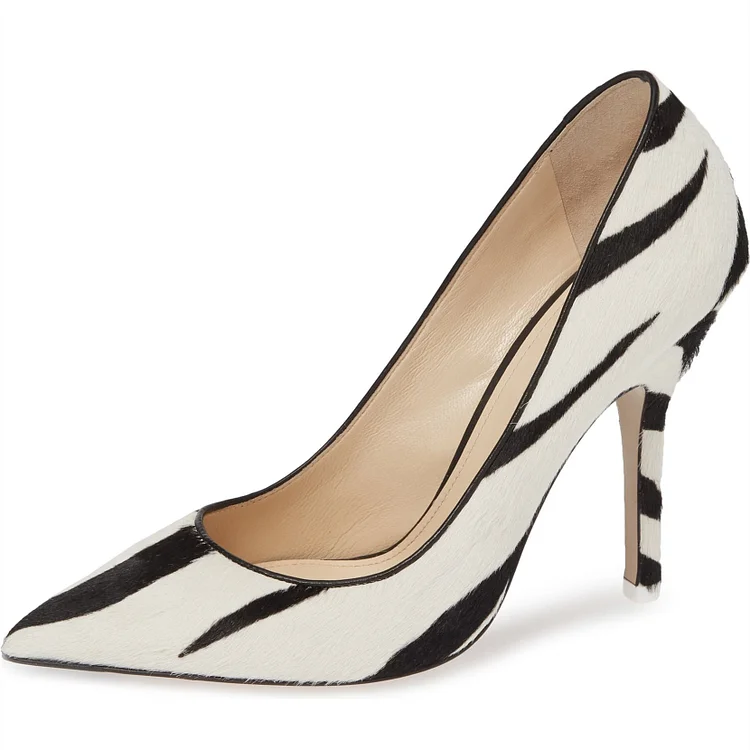 Black and White Horsehair Stiletto Heels Zebra Print Pointy Toe Pumps |FSJ Shoes