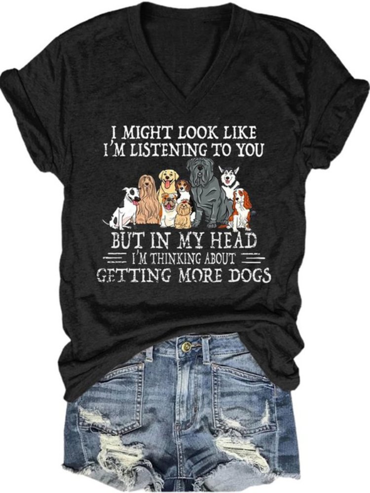 Funny Dog Lover Print V Neck Casual T Shirt