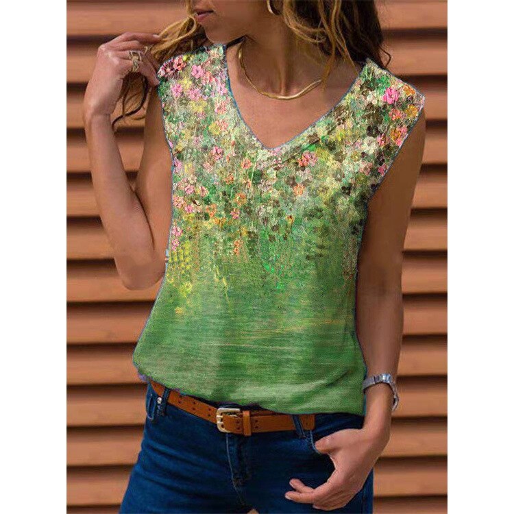 2021 Bohemian Plue Size Women's T-shirt V-neck Sleeveless T-shirt Printing Casual Summer T-shirt S-5xl