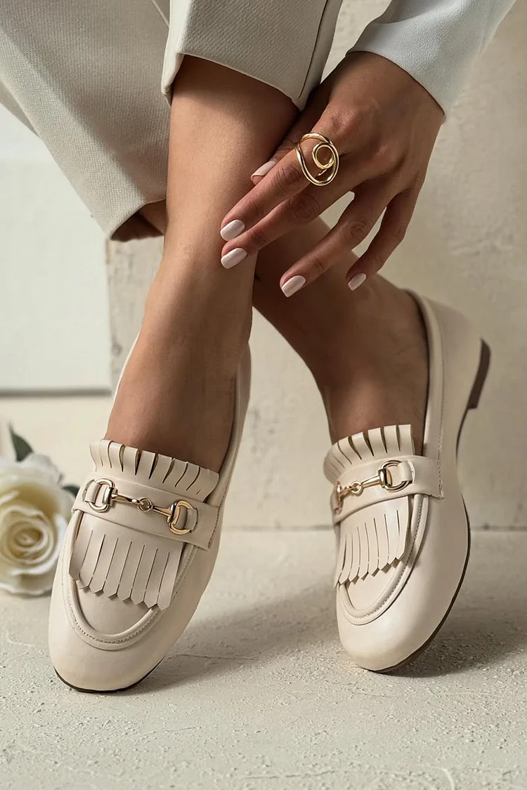 Round Toe Metal Buckle Tassels Decor Beige Loafers [Pre Order]