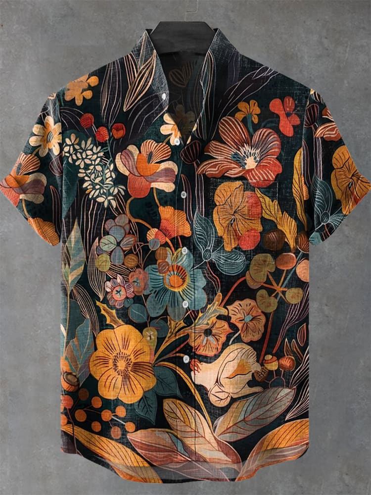 Men's Abstract Floral Holiday Cartoon Stand Collar Print Shirt PLUSCLOTHESMAN