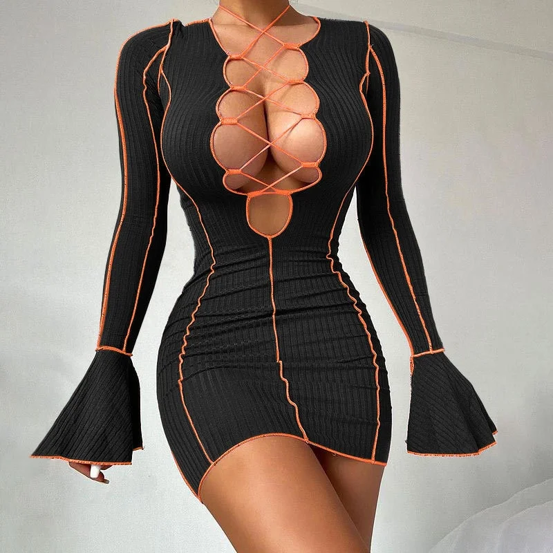Zingj Ribbed Bodycon Dresses Stripe Low-Cut Hollow Out Long Flared Sleeve Club Partywear Fashionable Lace Up Fall Clothing