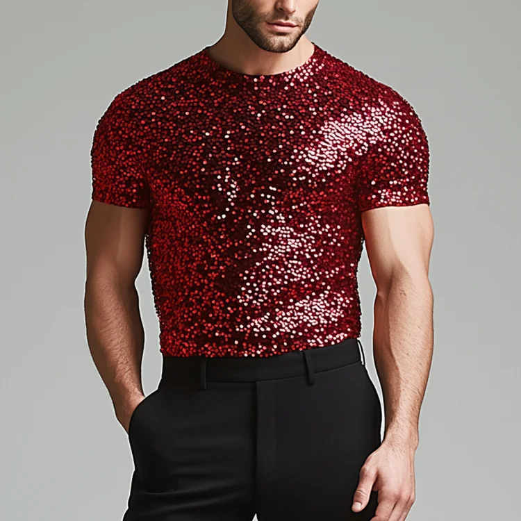 Okaywear Sequin Sparkly Round Neck Short Sleeve T-Shirt 