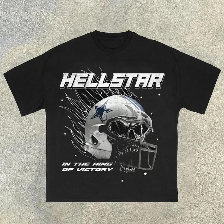 Sopula Vintage Hellstar Skull Helmet Print Casual Cotton Short Sleeved T-Shirt