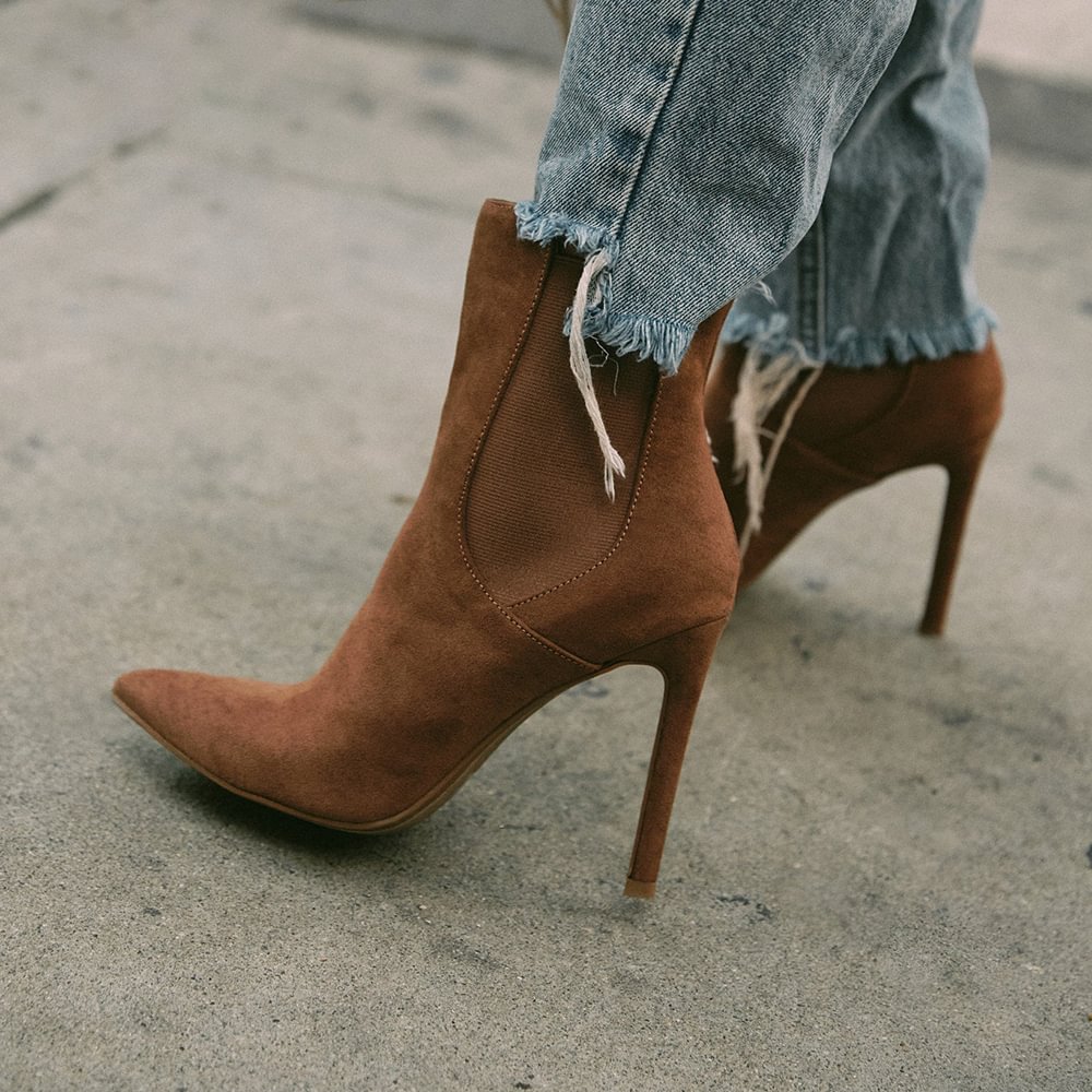 Brown Suede Pointed Toe Ankle Boots