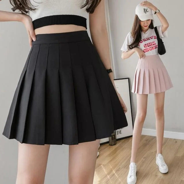 Pleated Plain High Mini Skirt Waist A-Line