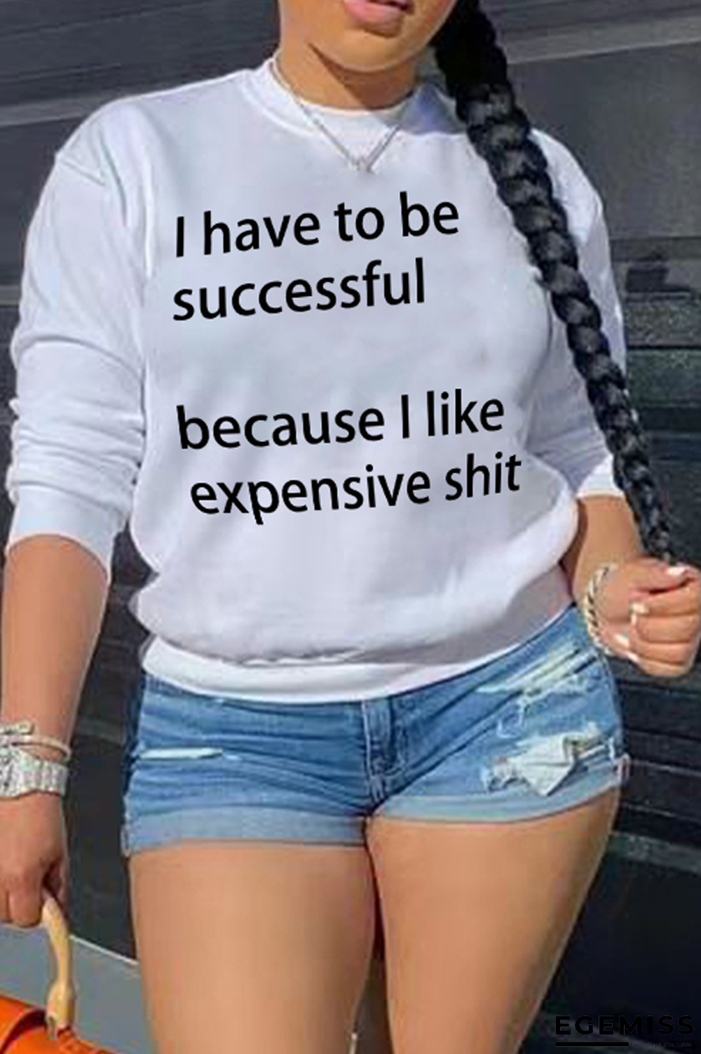 White Casual Print Letter O Neck Tops | EGEMISS