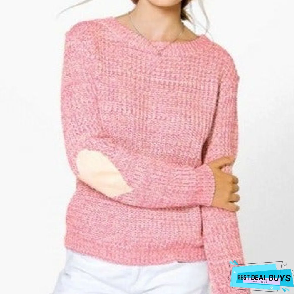 Solid Color Round Neck Pullover Sweater Love Elbow Women's Sweater Coat