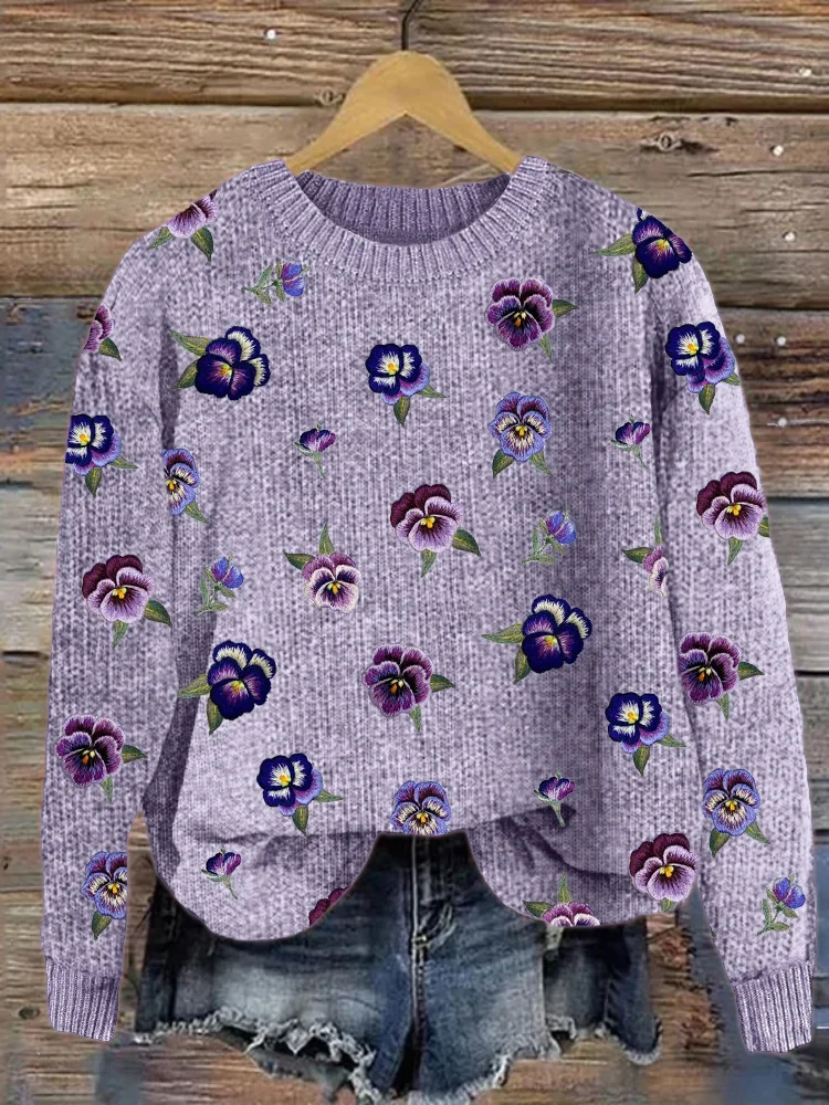 VChics Pansy Floral Embroidery Pattern Cozy Knit Sweater