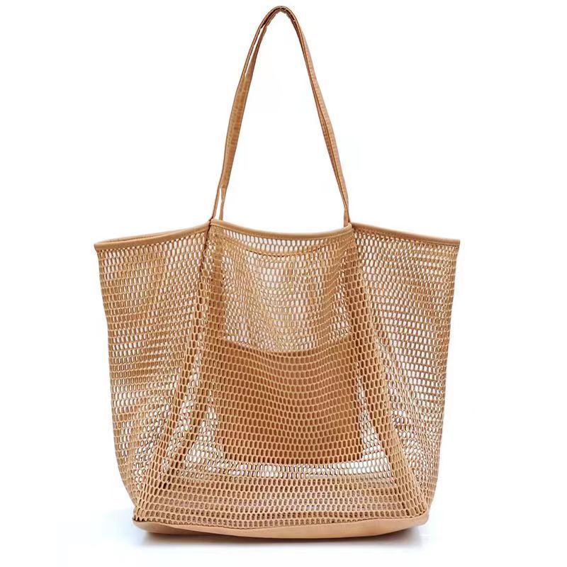 Vacation Khaki Mesh Woven Hollow Out Tote Bag 2024 - Flycurvy 