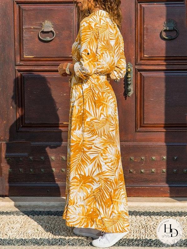 Casual Printed High-waist Lace-up Chiffon Shirt Dress
