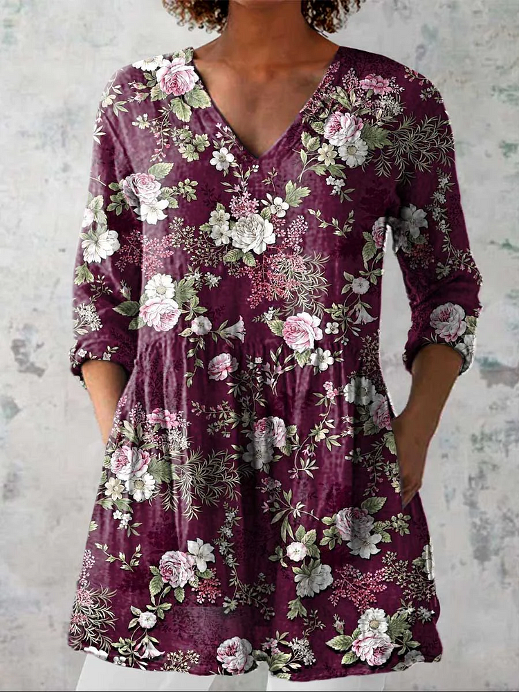 Womens Artistic Rose Flower Casual Linen V-Neck Shirt