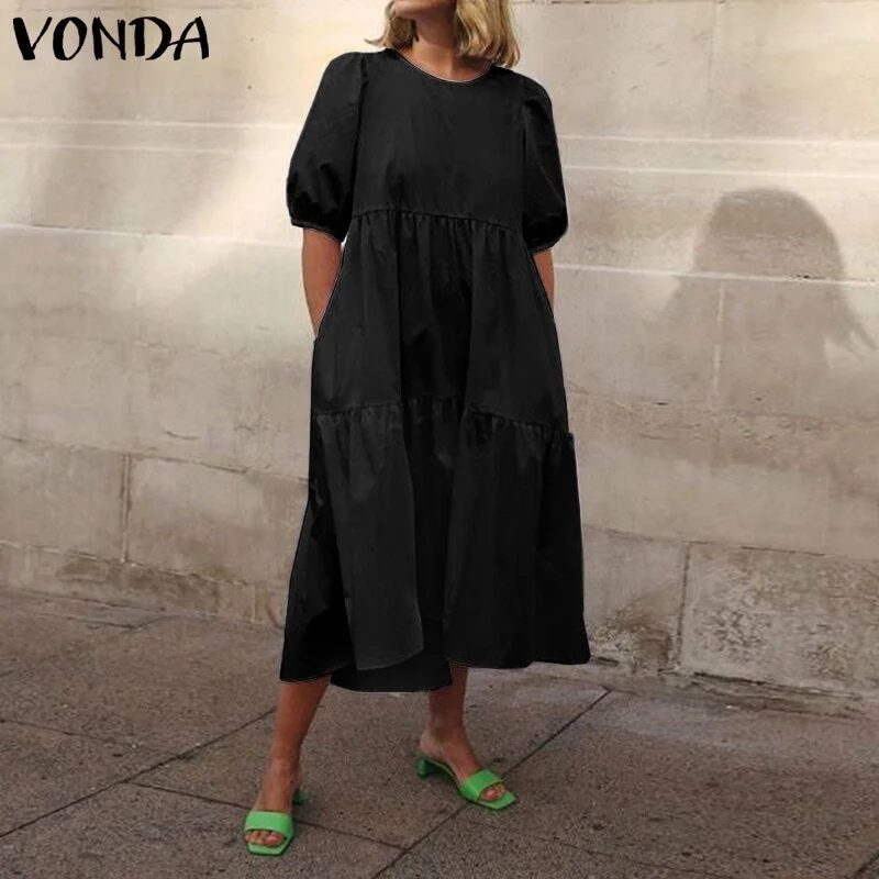Mid-Calf Dress 2022 VONDA Woman Summer O Neck Short Lantern Sleeve Dresses Bohemian Party Vestidos Femme Mid-Calf Length Robes