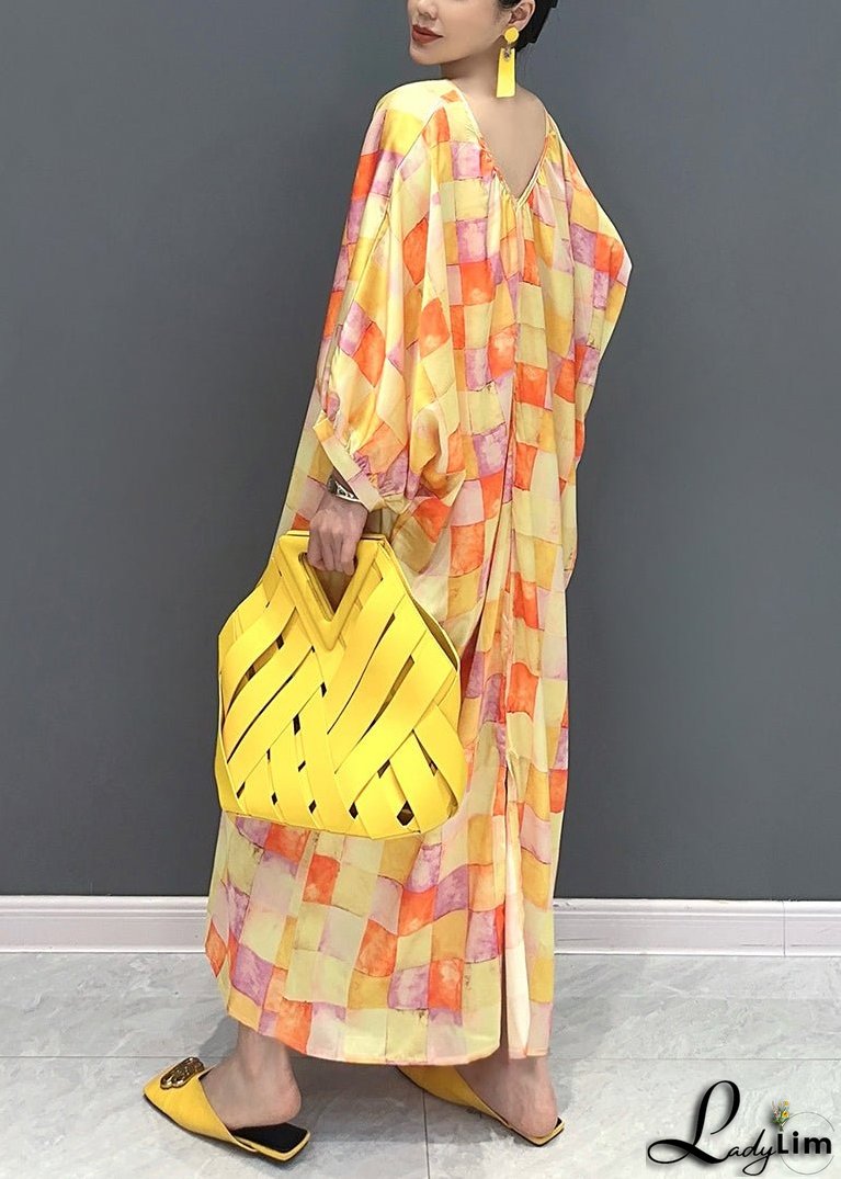 Chic Yellow V Neck Plaid Silk Long Dress Lantern Sleeve