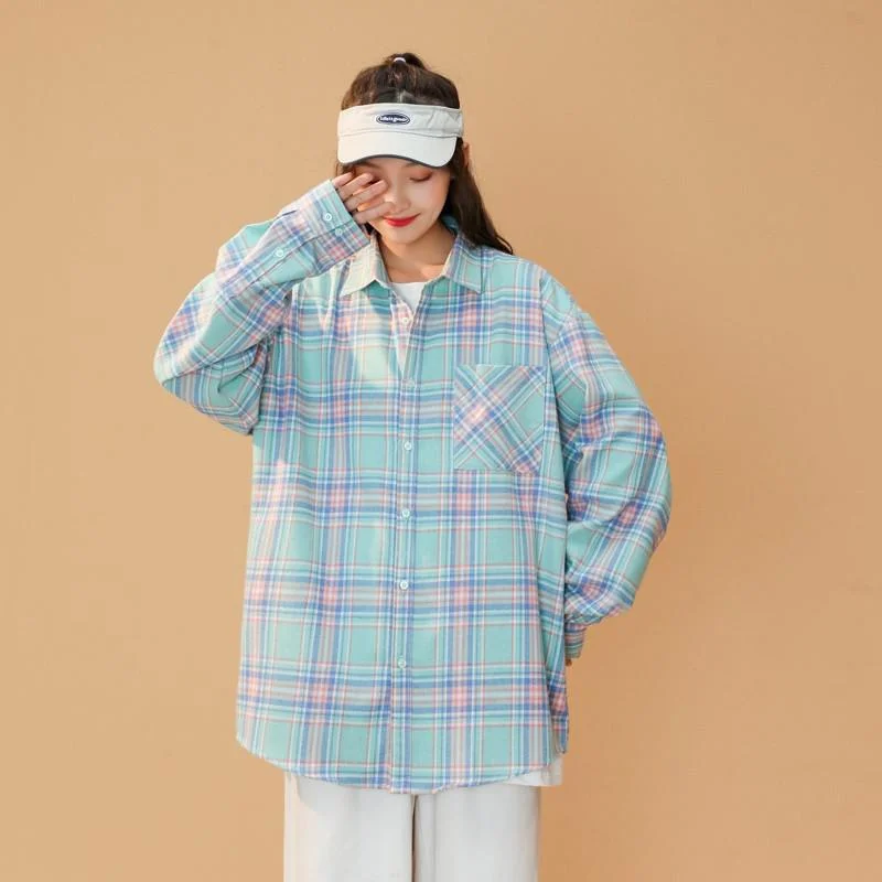 Female Autumn Street Blouse Women Shirts Vintage Oversized Plaid Soft Chic Turn-down Collar Shirt For Women Casual Korean Tops