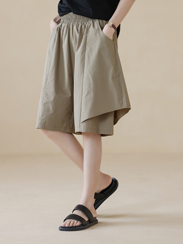 Irregular Elastic Waist Wide Leg Solid Color Short Pant