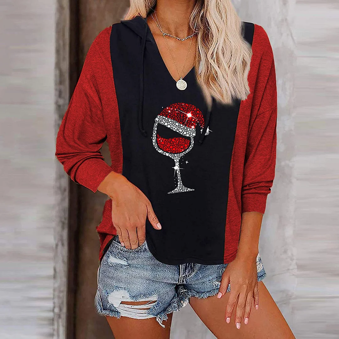 Christmas Wine Glass Print Sweatshirt For Women