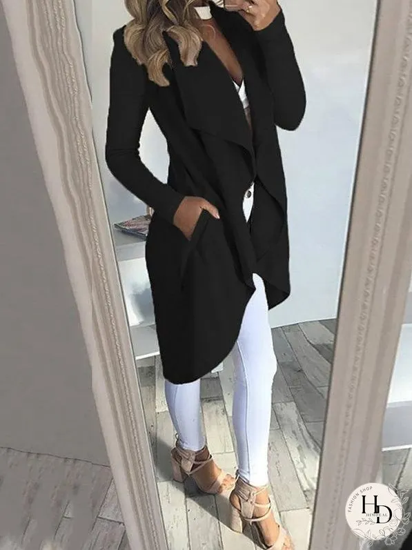 Coats Solid Lapel Pocket Slim Mid-Length Coat for Women