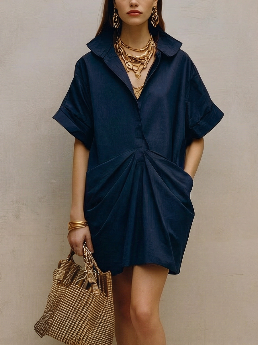 Navy Blue Stand Collar Dress With Structured Pleat Design