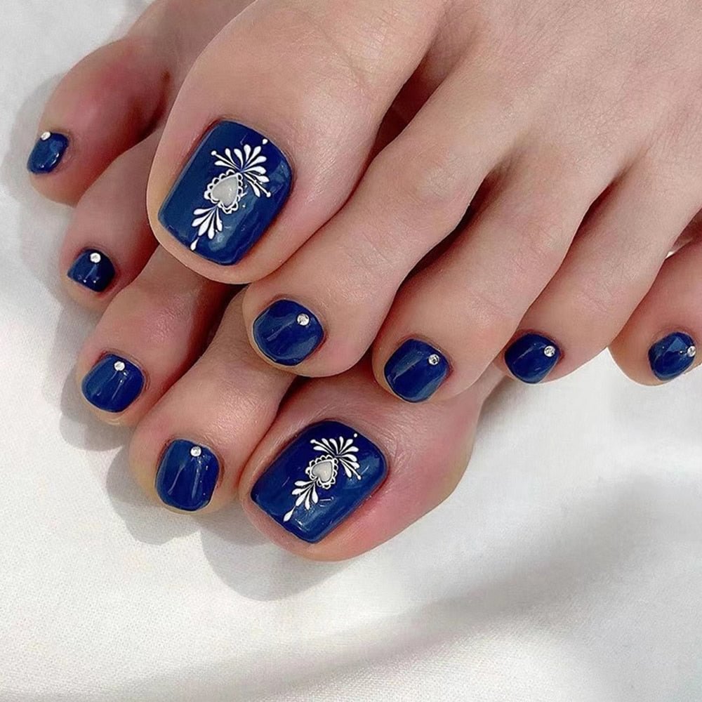 24pcs Diamond Design Blue press on toenails Tips Detachable Full Cover Fake toenails Women Summer False nail Patch for foot