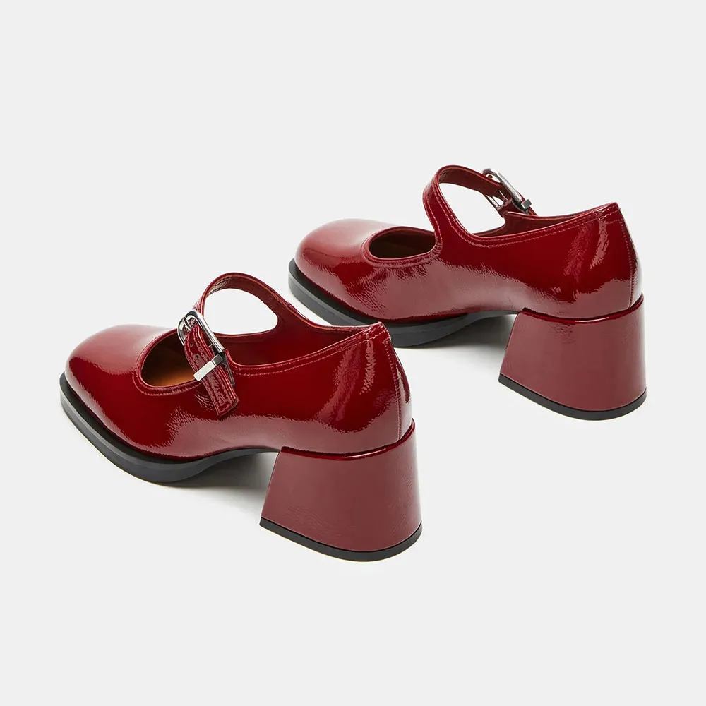 Vegan Leather Square Toe Mid Block Heel Mary Jane Red Pumps