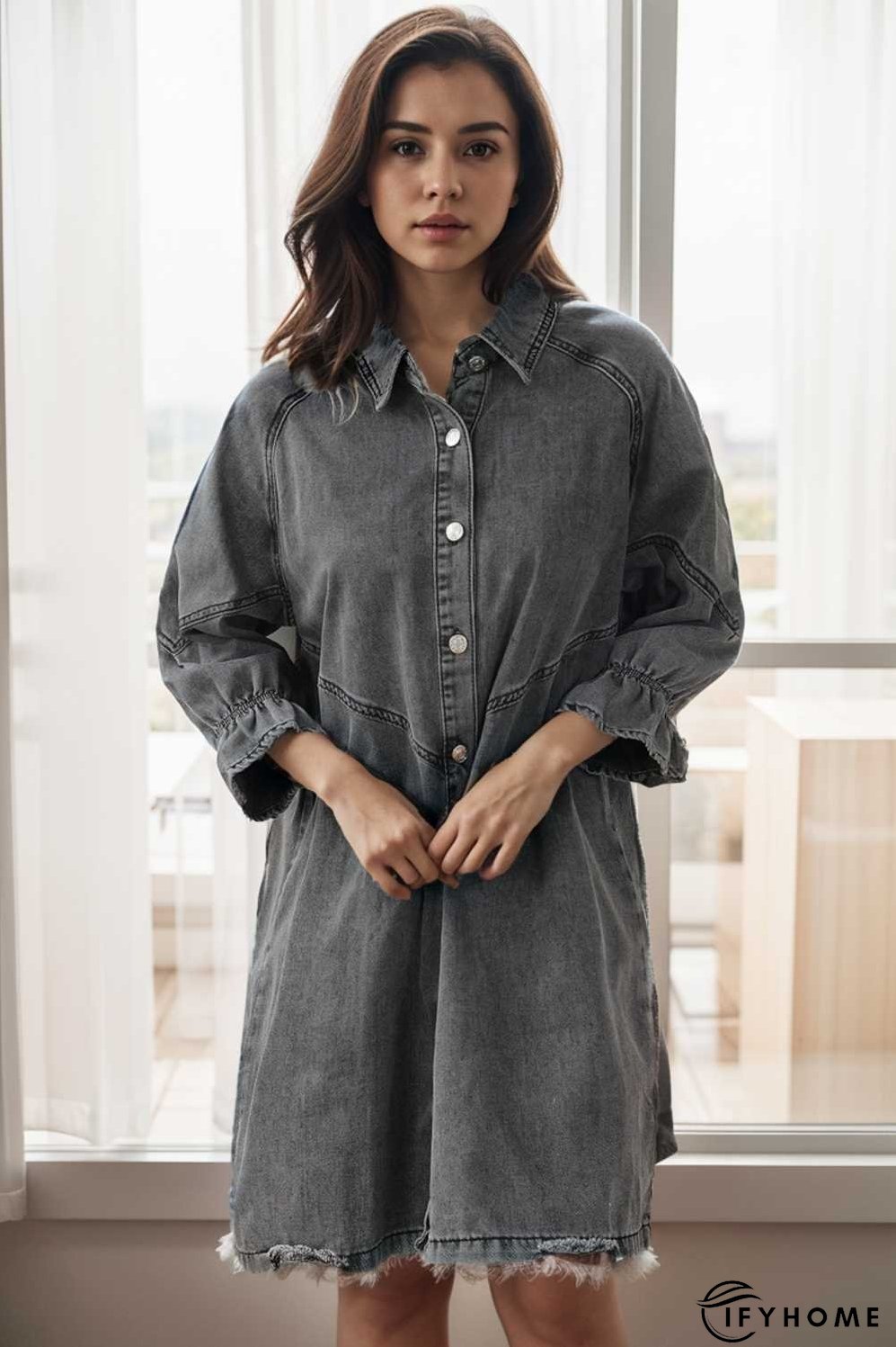 down loose short sleeve denim jean dress drop shoulder a line paneled peasant closed bateau v neck dress | IFYHOME